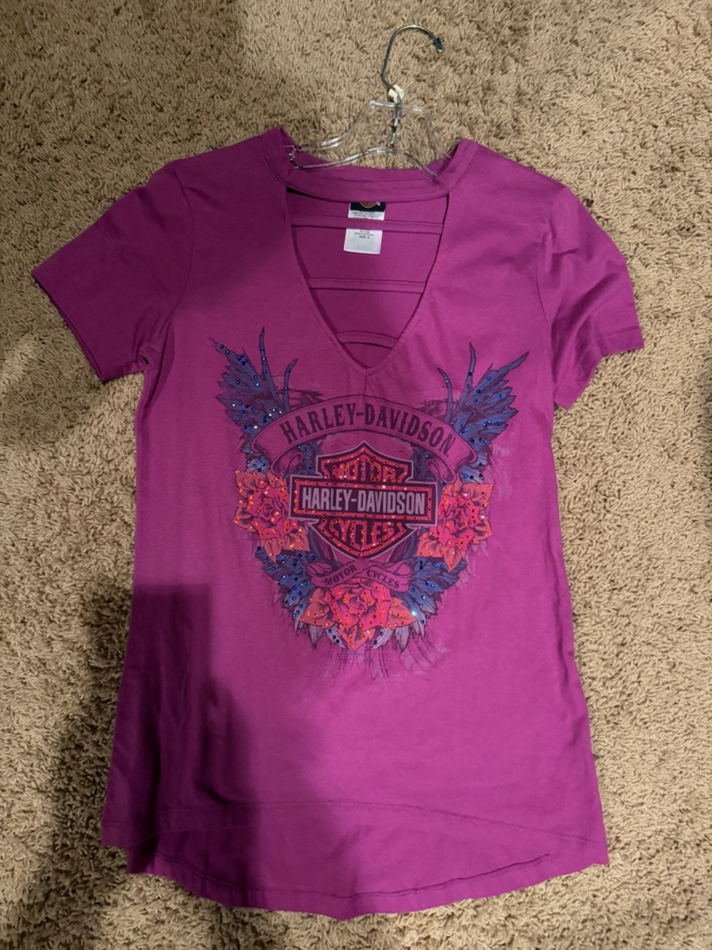 Harley-Davidson Women's V-Neck Tee in Deep Magenta with Floral Shield Graphic